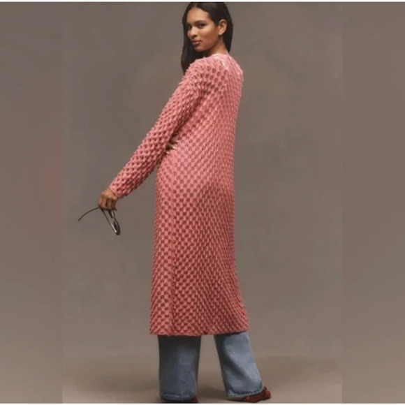 Anthropologie Maeve Pink Popcorn Duster Cardigan Open Knit Crochet OS Oversize - Picture 3 of 8